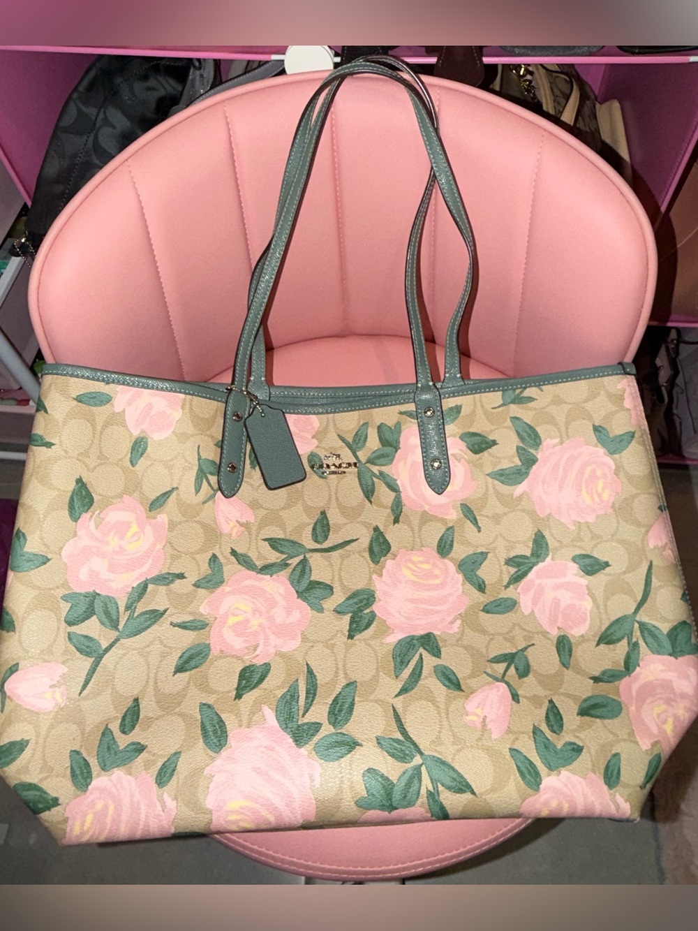 Coach Floral Signature Large City Tote Bag in Pink and Tan
